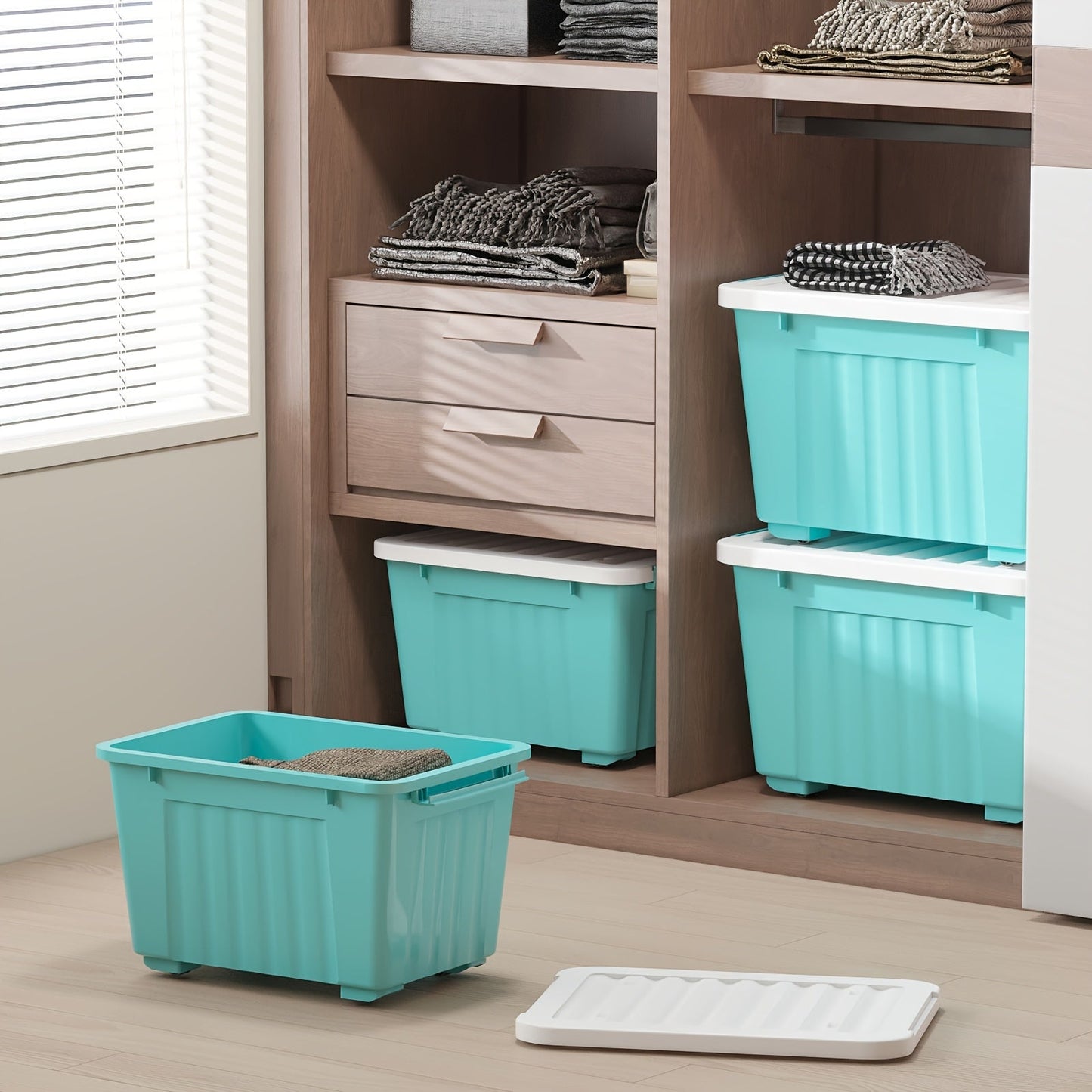 72/97QT Storage Box with Wheels & Lid – Stackable Heavy Duty Organizer 4-6-Pack